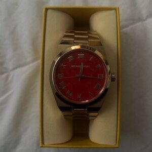 Michael Kors Gold Watch with Red Dial and Roman Markers
